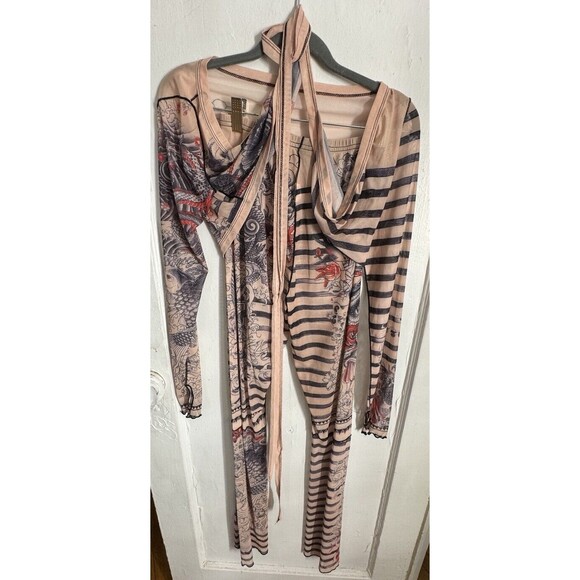 Sexy Sheer Two Piece Pants Set Striped Large Bodycon Tight Clubwear Nude Sailor - Picture 4 of 5